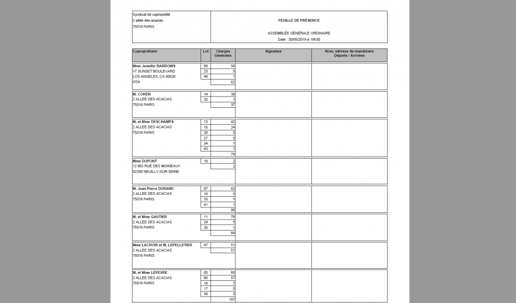 Assemblées - Feuille de présence