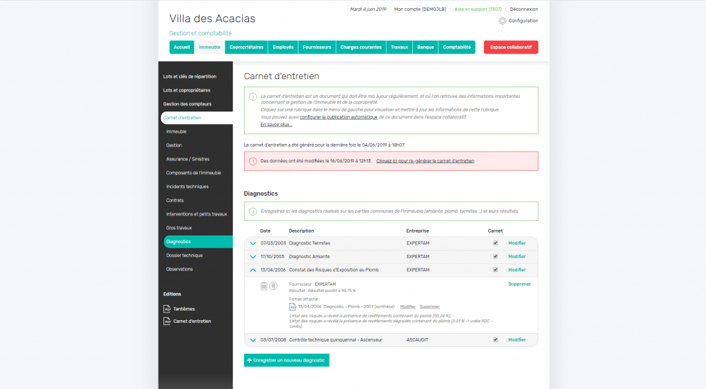 Carnet d'entretien - Diagnostics