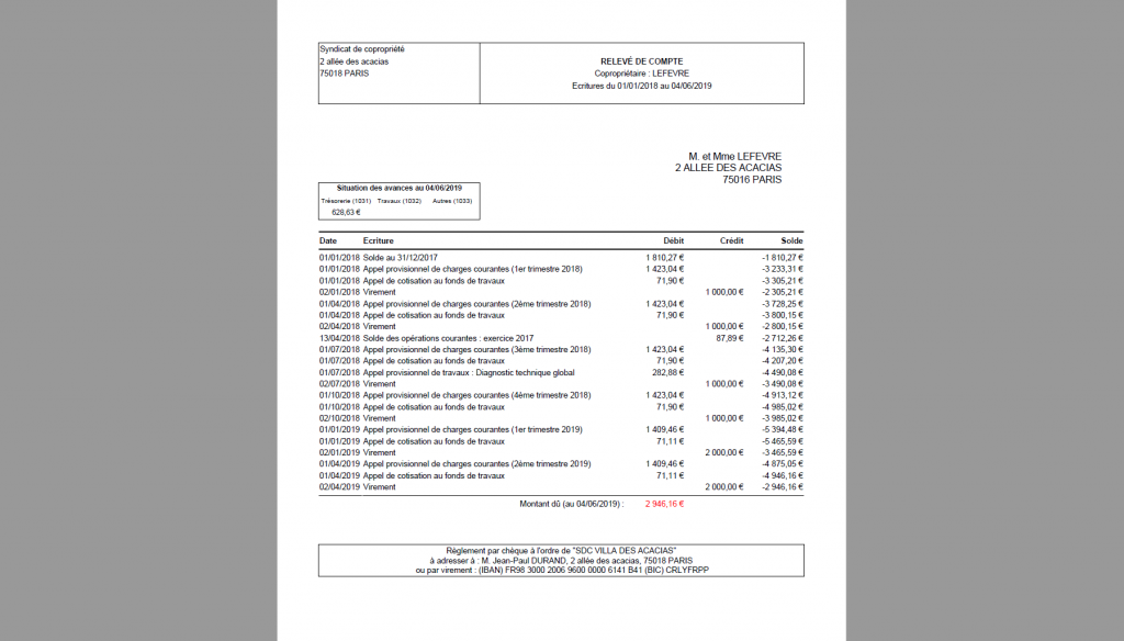 Copropriétaires - Relevé de compte copropriétaire